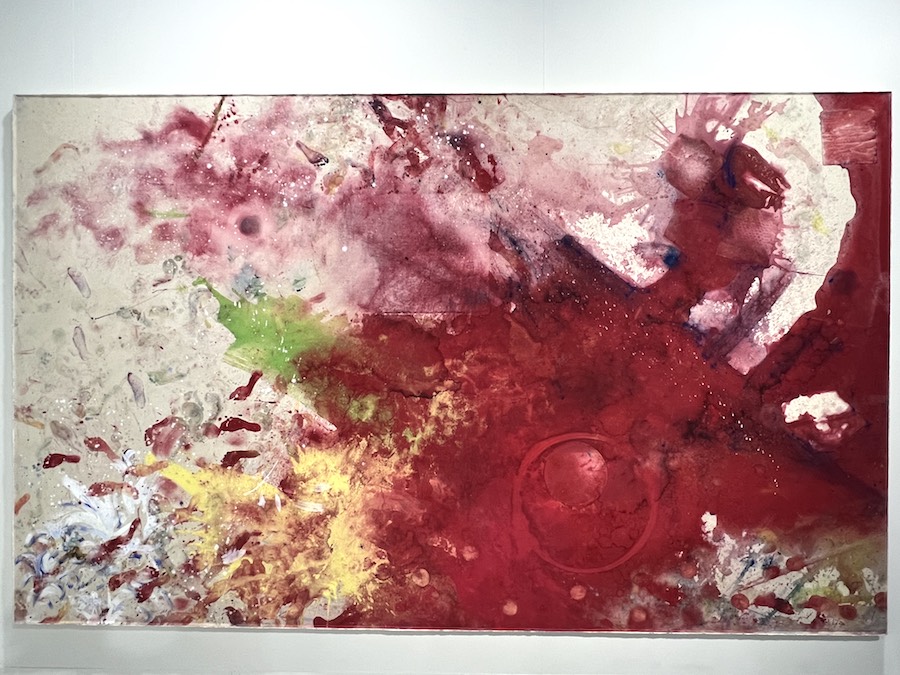 Lucy Dodd, In the Name of Love, 2021 Cochineal, pigment and acrylic on canvas, 87 1/2 × 142 1/2 inches, 222.3 × 362 cm Sprüth Magers