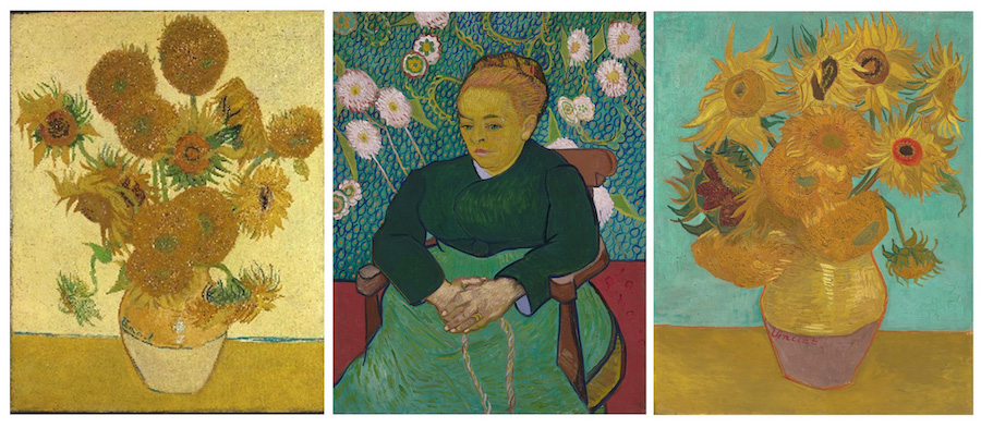 Sunflowers, 1888 (c) The National Gallery, London;Lullaby: Madame Augustine Roulin Rocking a Cradle (La Berceuse), 1889 (c) Museum of Fine Arts, Boston; Sunflowers, 1889 (c) Philadelphia Museum of Art