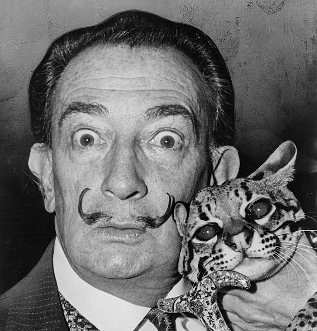 Salvador Dali with his pet ocelot, Babou, and cane. Roger Higgins, World Telegram staff photographer Public domain