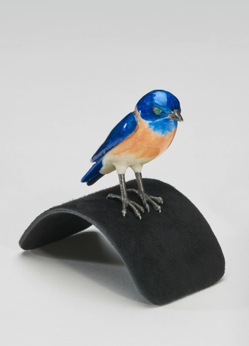 Mr. Blue Bird on my Shoulder (with Diamonds) — John Baldessari, 2013 Bird: enameled silver, diamonds Shoulder stand: metal, suede
