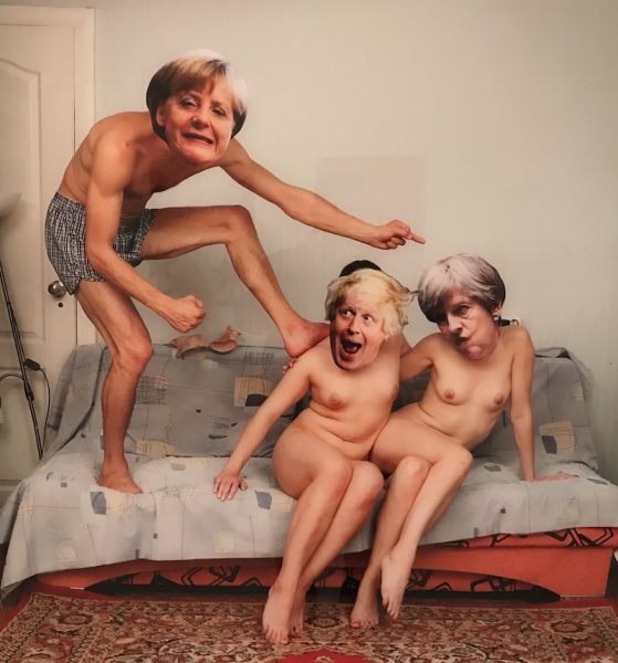 Boris Johnson and Theresa May raucously at play with Angela Merkel