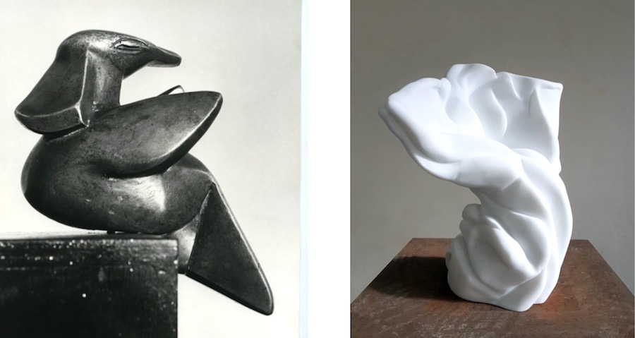 Left: Henry Moore, Bird, 1927 2019 Polished Bronze Archive Image Courtesy of Henry Moore Foundation Right: Richard Stone, the rapture (after Henry Moore), Statuario Marble Courtesy of the artist