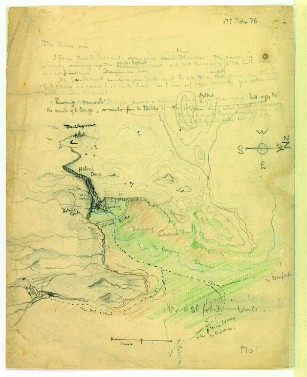 Image: J.R.R. Tolkien's map of Helm's Deep valley and the Hornburg fortress, © The Tolkien Estate Ltd 1976, 2015.