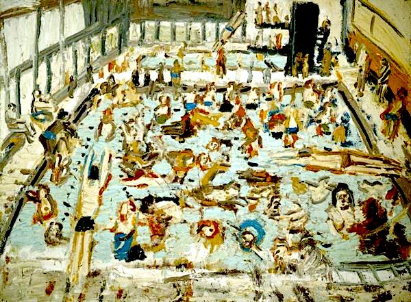 Leon Kossoff, Children's Swimming Pool, 11 o'clock Saturday Morning, August 1969,oil on board, 152 x 205 cm. Photo courtesy of The Lewis Collection, copyright the Leon Kossoff Estate