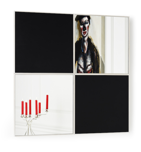 Woman with Curious Hairdo by Chris Gollon, Candelabra by Paul Hatton, reflected in Four Squares (after Malevich) by Possible Mirror