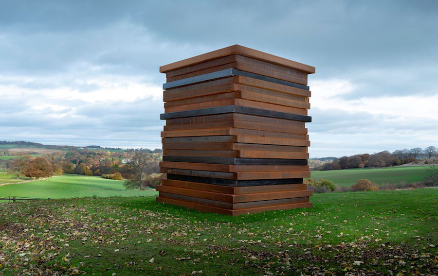 Sean Scully, Moor Shadow Stack, 2018. Corten Steel, 4.6 by 3.7 by 3.7 m (15 by 12 by 12 feet). Courtesy of the artist and Villa Waldfrieden, Waldfrieden Sculpture Park, Wuppertal, Germany. 