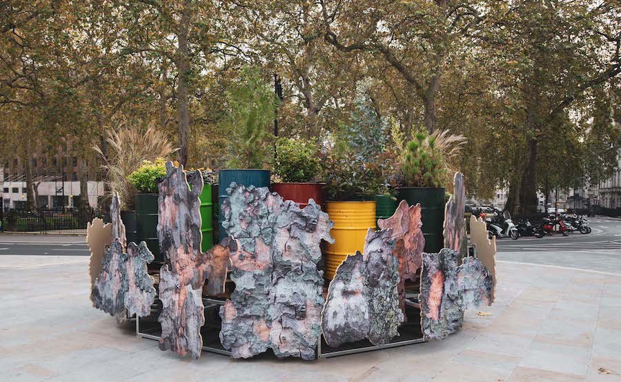Rachael Champion, Temporary Retention Site for Atmospheric Particles, 2020, Berkeley Square. Commissioned by Grosvenor Britain & Ireland, curated by Modus Operandi. Image credit: John Hooper.