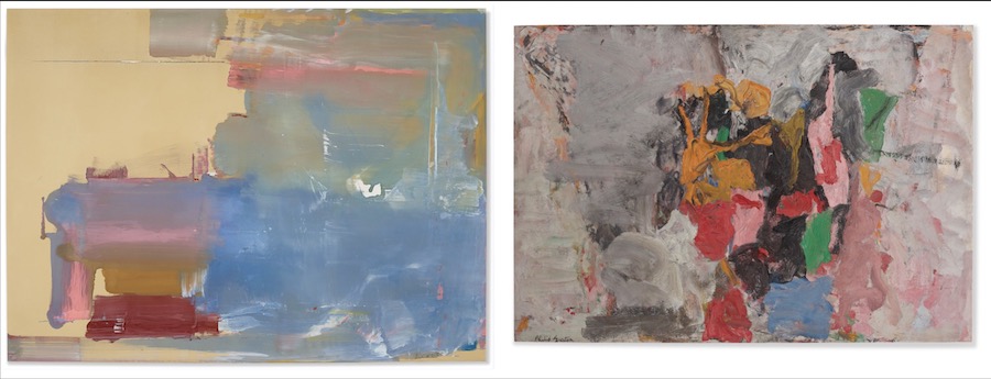 From left to right: HELEN FRANKENTHALER (1928-2011), Warming the Wires, 1976 $2,670,000; PHILIP GUSTON (1913-1980), The Clock II, 1957 $2,670,000