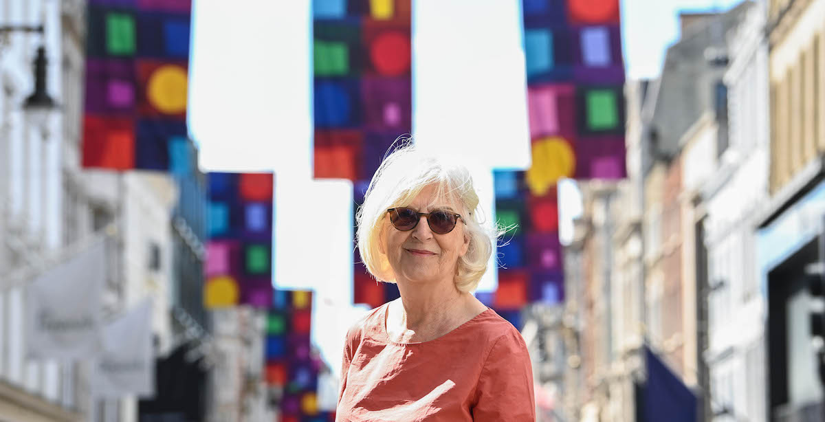 EDITORIAL USE ONLY British artist Mali Morris RA during the unveiling her new specially designed flag installation on London’s Bond Street, as part of Art in Mayfair, an annual six-week celebration of art and culture that runs alongside the Royal Academy of Art’s Summer Exhibition 2022. Picture date: Monday June 20, 2022. PA Photo. Photo credit should read: Doug Peters/PA Wire