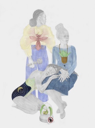 The Matriarch I, 2021 – Graphite, pencil, coloured pencil, watercolour, gum, ink and Reckitts Blue on paper, 175 x 130 cm