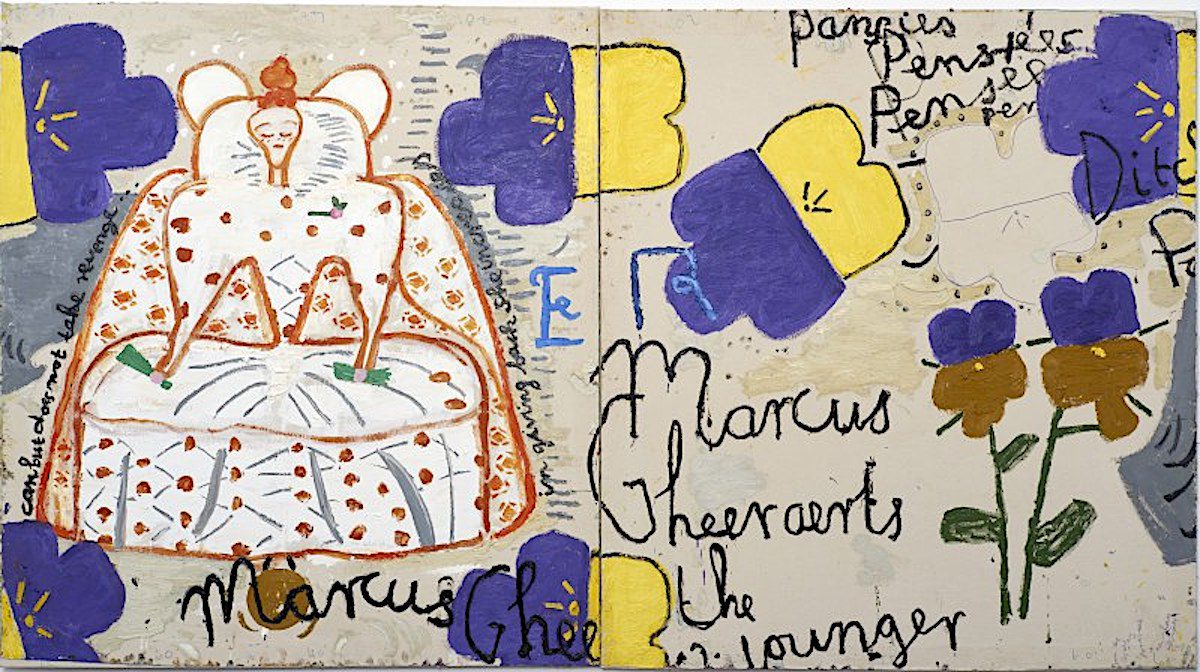 Rose Wylie, Queen with Pansies (Dots), 2016, Oil on canvas, 183 x 331 cm, Courtesy the artist, Photo: Soonhak Kwon