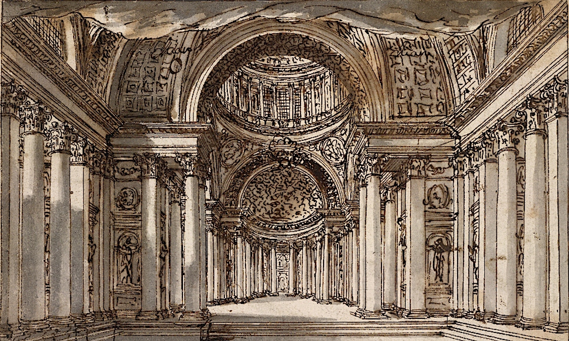A colonnaded atrium with domes by Giovanni Battista Piranesi (c. 1740-43) © The Trustees of the British Museum