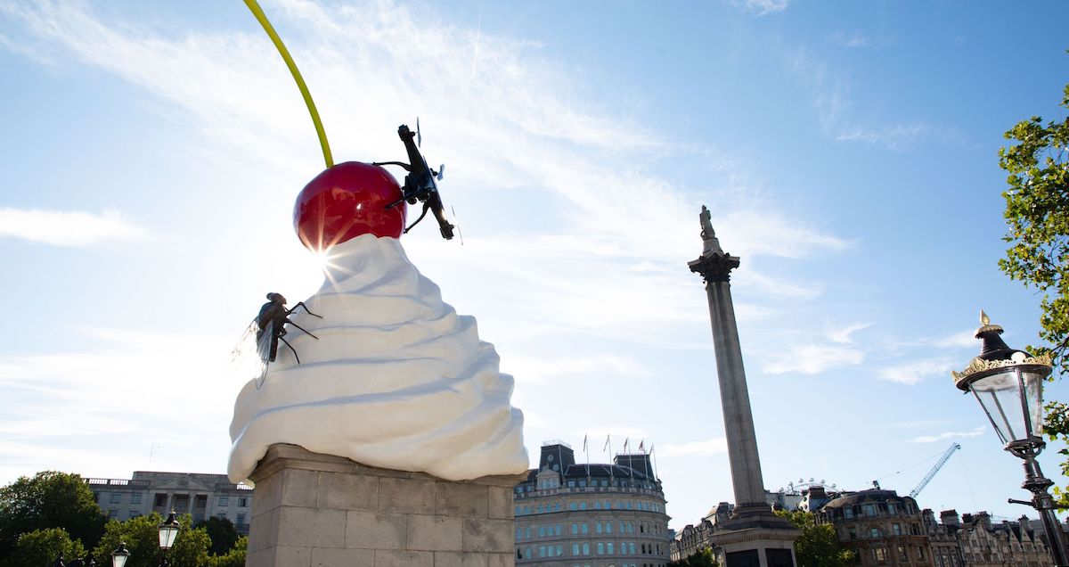 The artist Heather Phillipson quietly unveiled her fourth plinth commission in Trafalgar Square, yesterday with a lack of fanfare not seen before in past unveilings. 