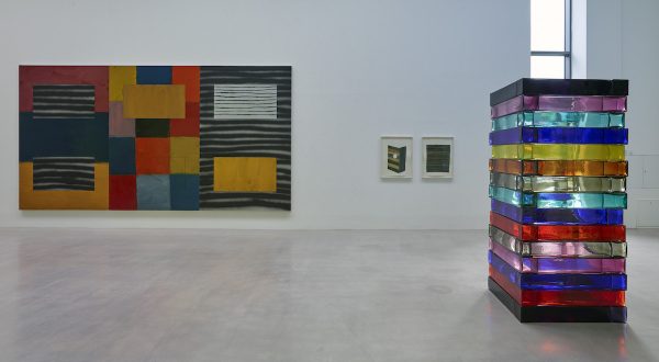 Installation view, on the left: Sean Scully, What Makes Us, 2017-2018. Oil on aluminium, 299.7 by 571.5 cm (118 by 225 inches). Courtesy of the artist and Villa Waldfrieden, Waldfrieden Sculpture Park, Wuppertal, Germany.