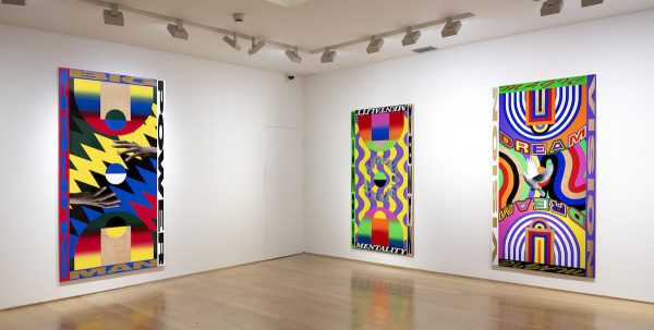 The installation view is courtesy of Vigo Gallery and shows ‘Tacko’, ‘Kobe’, and ‘Magic’ by Lakwena Maciver