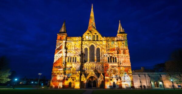 Composite of West Front of Salisbury Cathedral with projection - Luxmuralis-AshMills Art