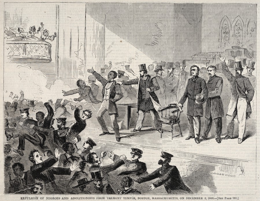 After Winslow Homer (1836-1910): Expulsion of Negroes and Abolitionists from Tremont Temple, Boston, Massachusetts, on December 3, 1860; Wood engraving on newsprint, published in Harper’s Weekly, issue of December 15, 1860; 7 x 9 1⁄4 in.; Cleveland Museum of Art, 1942.1464.