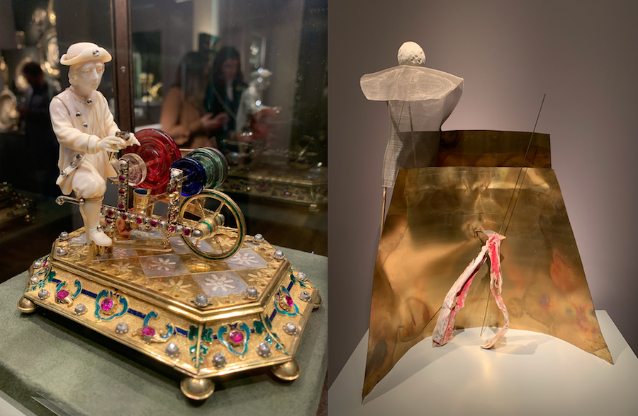 Left: Johann Heinrich Köhler (1669-1736), The Baden Kife-Grinder, gold, enamel, ruby, diamonds, glass, baroque pearl, ivory, circa 1710-1720. Right: Melotti, La Creazione del Mondo, Brass, 1978. 
