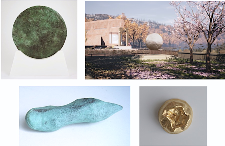 Top: Stigmata Bowl, 24k gold, 2022. Middle: Apollo’s Mirror, patinated bronze, 2020. Apollo’s Mirror, virtual sculpture installation, VOMA, 2023. Bottom: At the Foot of the Gods, patinated bronze, 2017; Gift of Apollo II, solid bronze, silver, then 24k gold plated, 2020. Michael Petry