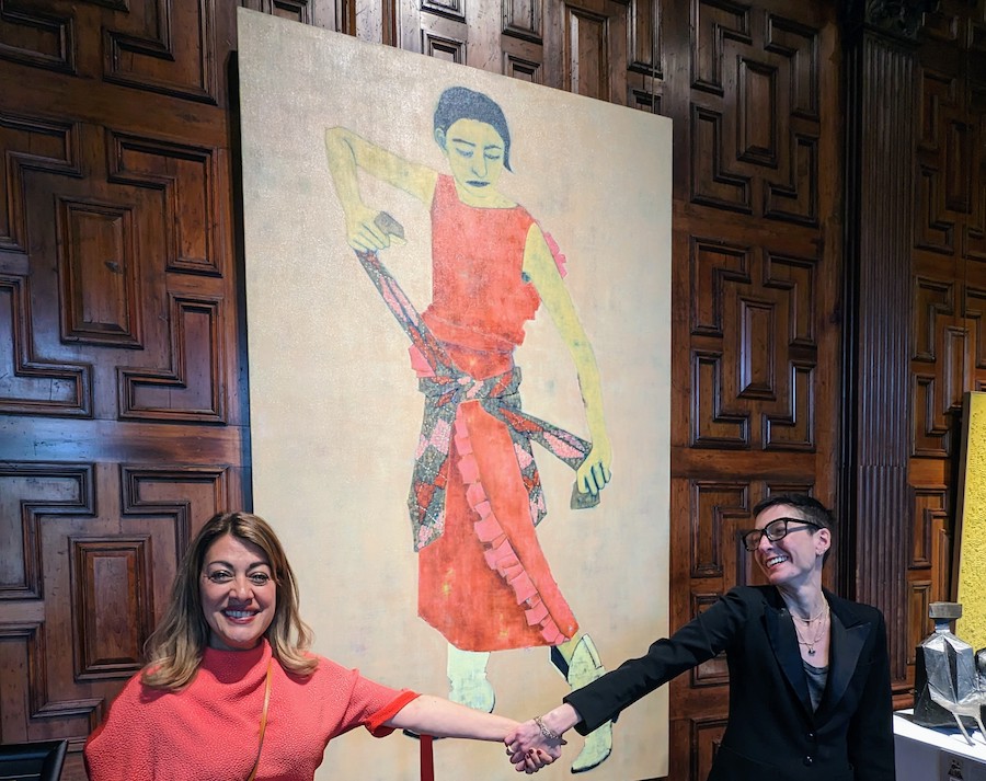 Sara Berman, in front of her painting - Tension with Fair director Nazy Vassegh of Kristin Hjellegjerde Gallery 