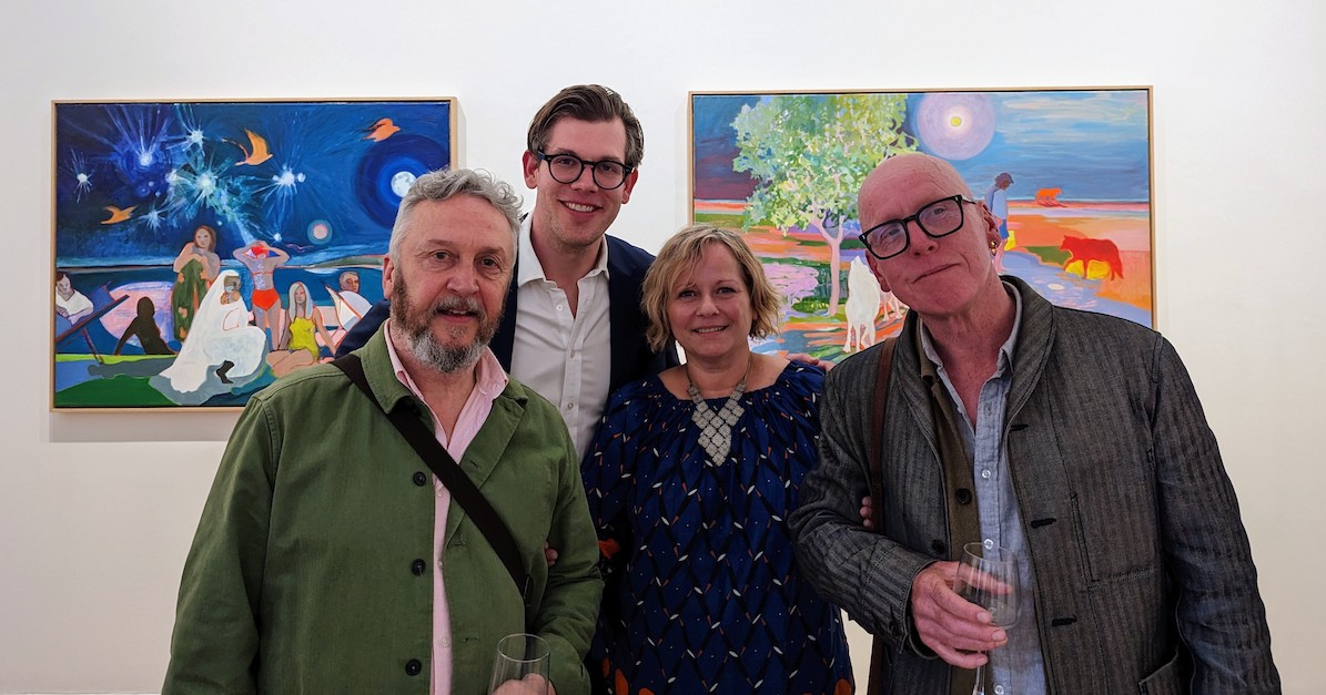 Artist Stewart Geddes, gallerist James Elwes, artist Marie-Elisabeth Merlin, and artist Stanley Donwood at Tin Man Art opening, Cromwell Place