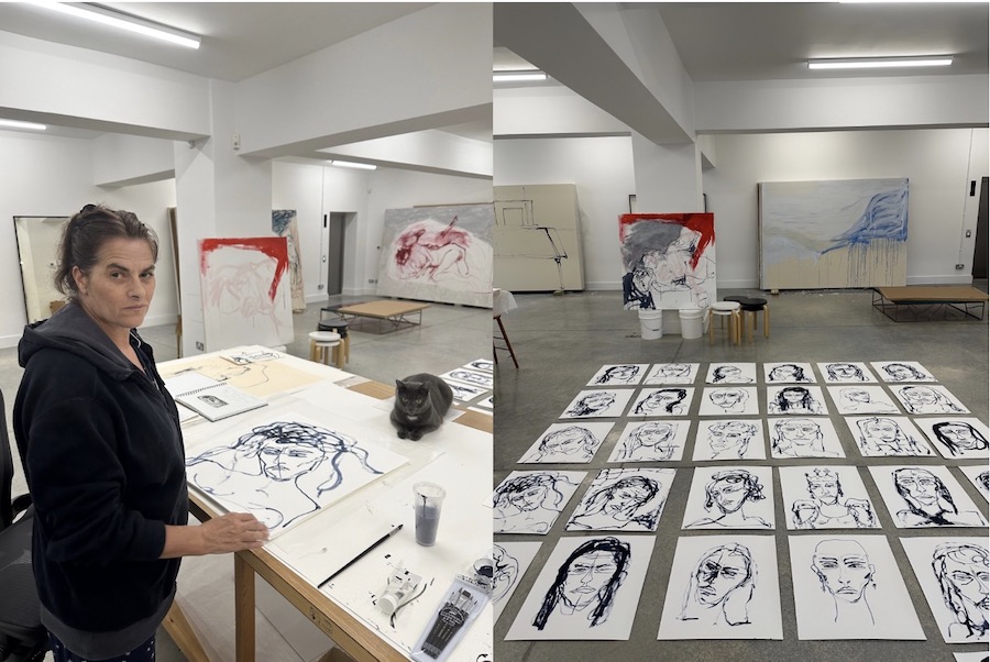 Tracey Emin in her Studio and the artist’s sketches layed out in position © Harry Weller. 