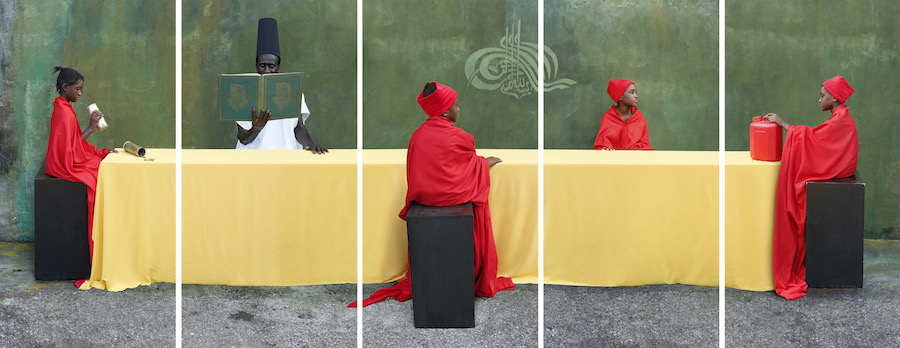 Maïmouna Guerresi, M-eating – students and teacher, 2012 5 photographs, colour, lambda print, on paper mounted on aluminium; 1500 × 3880 mm Courtesy of the artist and Mariane Ibrahim 