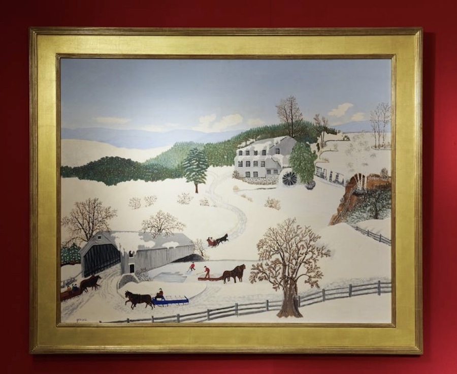 Anna Mary Robertson "Grandma" Moses, The Old Covered Bridge, 1943, Mixed media and mica on canvas 35 ½ × 44 ¾ inchesBooth: Focus Americana curated by Alexandra Kirtley, the Montgomery-Garvan Curator of American Decorative Arts at the Philadelphia Museum of Art, and designed by architects Frederick Fisher & Partners; Gallery: of Olde Hope Photo credit: Parker Calvert