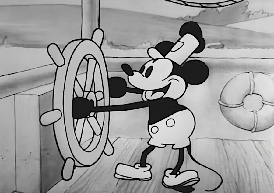 Walt Disney Studios's inaugural characters, Mickey Mouse and Minnie Mouse, depicted in animated shorts like "Steamboat Willie" and "Plane Crazy."