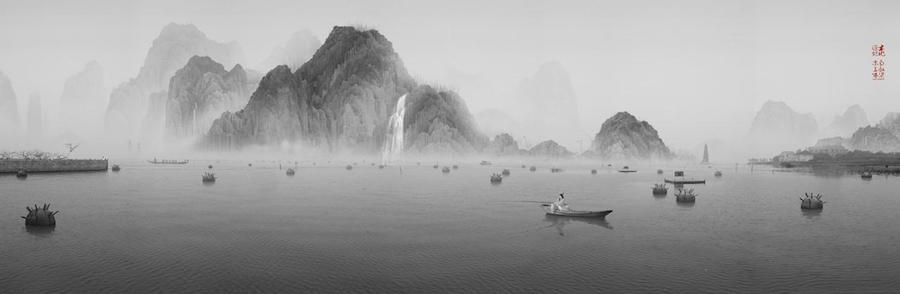 Yang Yongliang, Lonely Angler, 2011, Epson inkjet print on fine art paper courtesy Lloyd Choi Gallery
