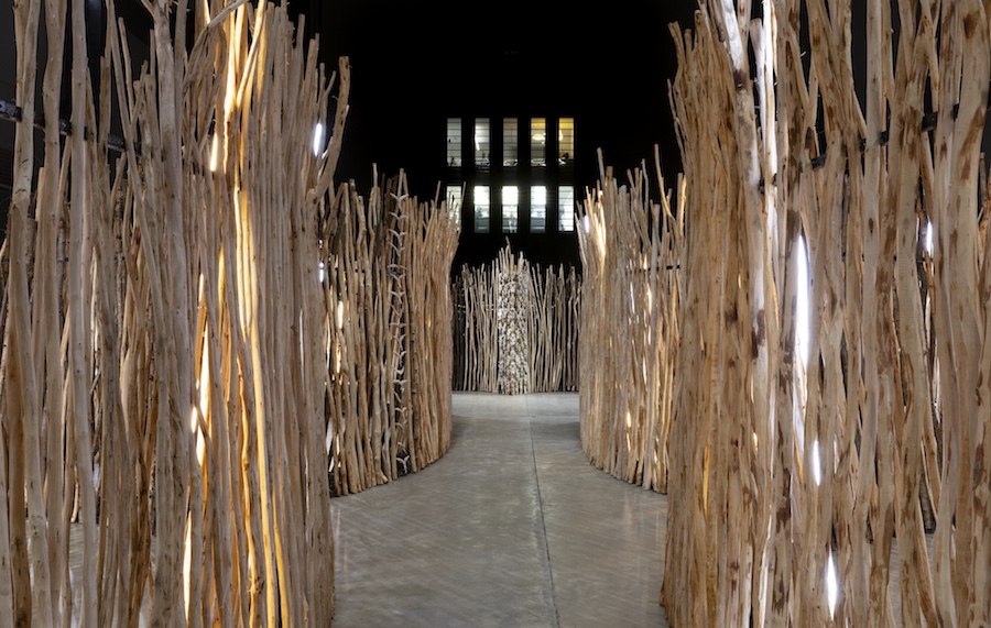 Hyundai Commission: Máret Ánne Sara: Goavve-Geabbil installation view featuring -Geabbil at Tate Modern 2025. © Máret Ánne Sara. Photo © Tate (Sonal Bakrania)