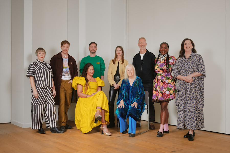 Awards for Artists 2025 recipients. Back row L-R: Hanna Tuulikki, Alex Neilson, Edwin Mingard, Maeve Brennan, Alex Hartley, Nwando Ebizie, Karla Black. Front L-R: Angeline Morrison, Maggie Nicols. (Ima-Abasi Okon not present). Photo credit: Emile Holba