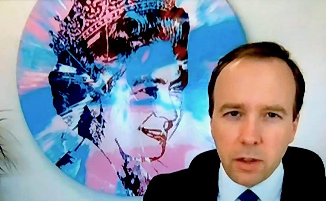 Health secretary Matt Hancock Spins Corona Yarn In Front Of Damien Hirst Painting