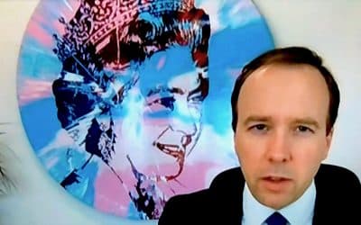 Health secretary Matt Hancock Spins Corona Yarn In Front Of Damien Hirst Painting