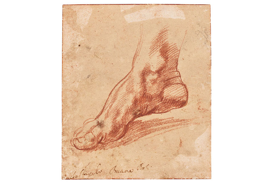 Michelangelo, Study of a right foot, Preparatory for the Libyan Sibyl on the Sistine Ceiling, Red chalk, Inscribed 'Michelangelo Bona Roti', 5.1/4 x 4.5/8 in. (13.5 x 11.5 cm), Estimate: $1,500,000-2,000,000. © Christie's Images