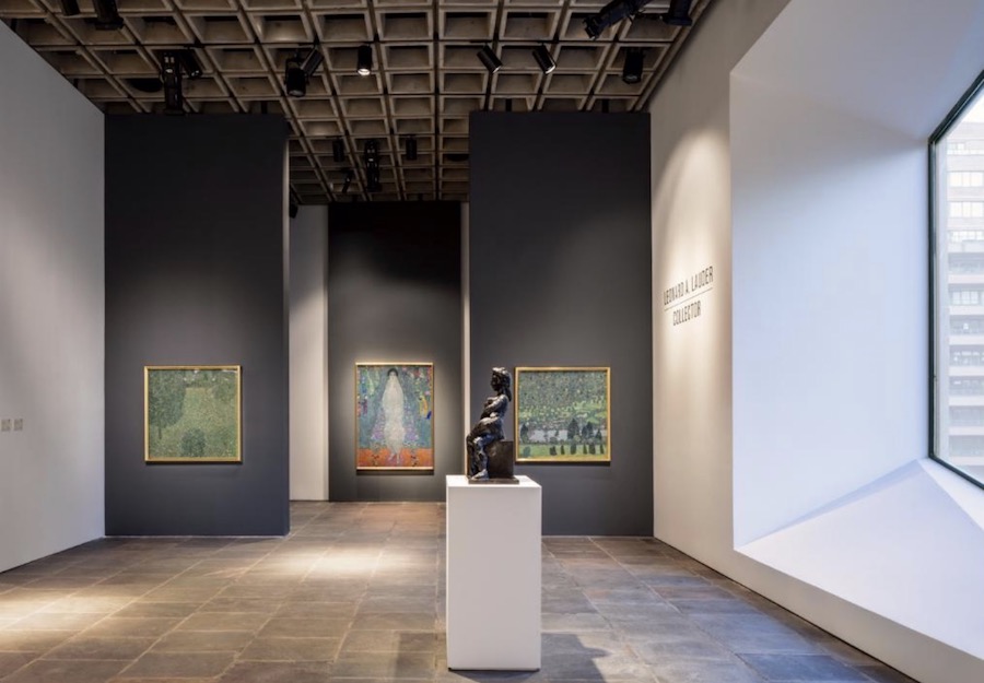 Sotheby’s fourth-floor Breuer galleries, featuring Gustav Klimt’s Blooming Meadow (Blumenwiese), Portrait of Elisabeth Lederer(Bildnis Elisabeth Lederer) and Waldabhang bei Unterach am Attersee (Forest Slope in Unterach on the Attersee), from The Leonard A. Lauder Collection [left to right] Photography by Stefan Ruiz Courtesy of Sotheby’s