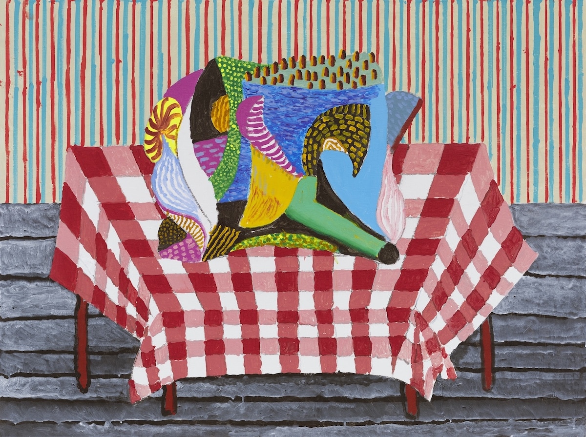 David Hockney, Abstraction Resting on a Red and White Checkered Tablecloth, 2025. Acrylic on canvas, 36 x 48 in. (91.4 x 121.9 cm) © David Hockney. Photo Prudence Cuming.