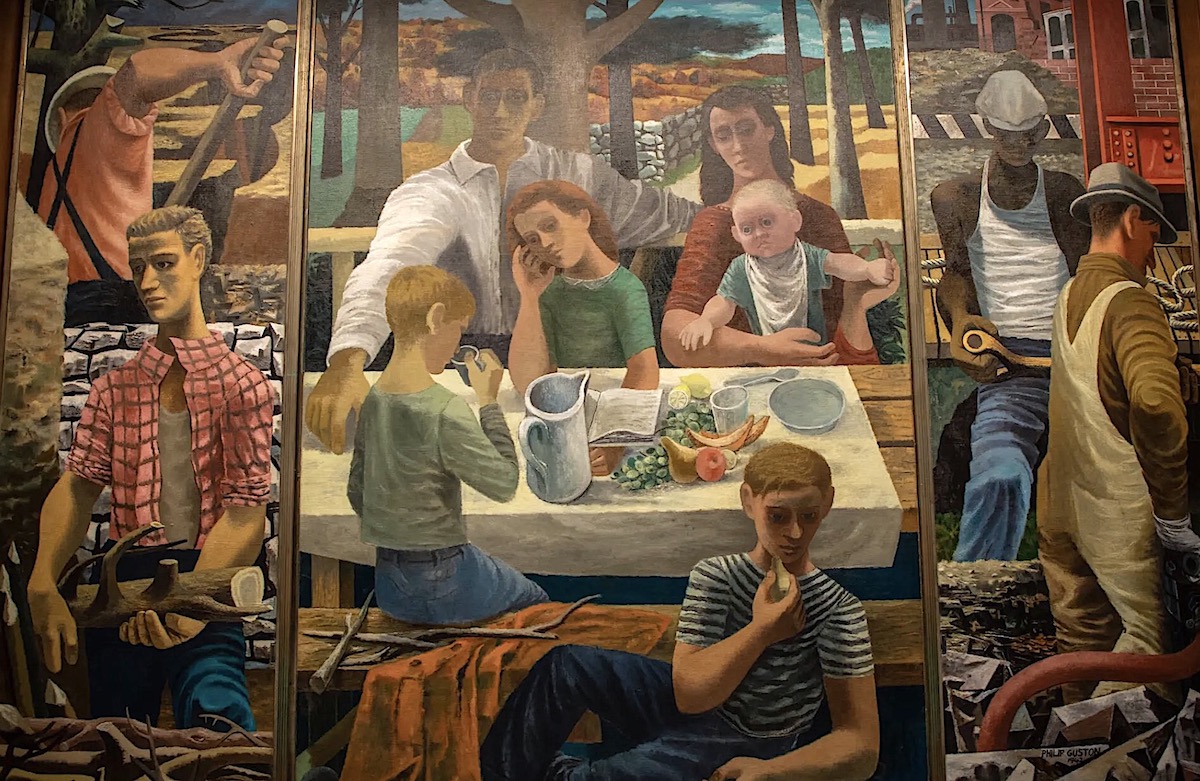 A detail from “Reconstruction and the Wellbeing of the Family,” by Philip Guston, is reminiscent of Italian Renaissance religious triptychs that Guston loved. Credit...via U.S. General Services Administration