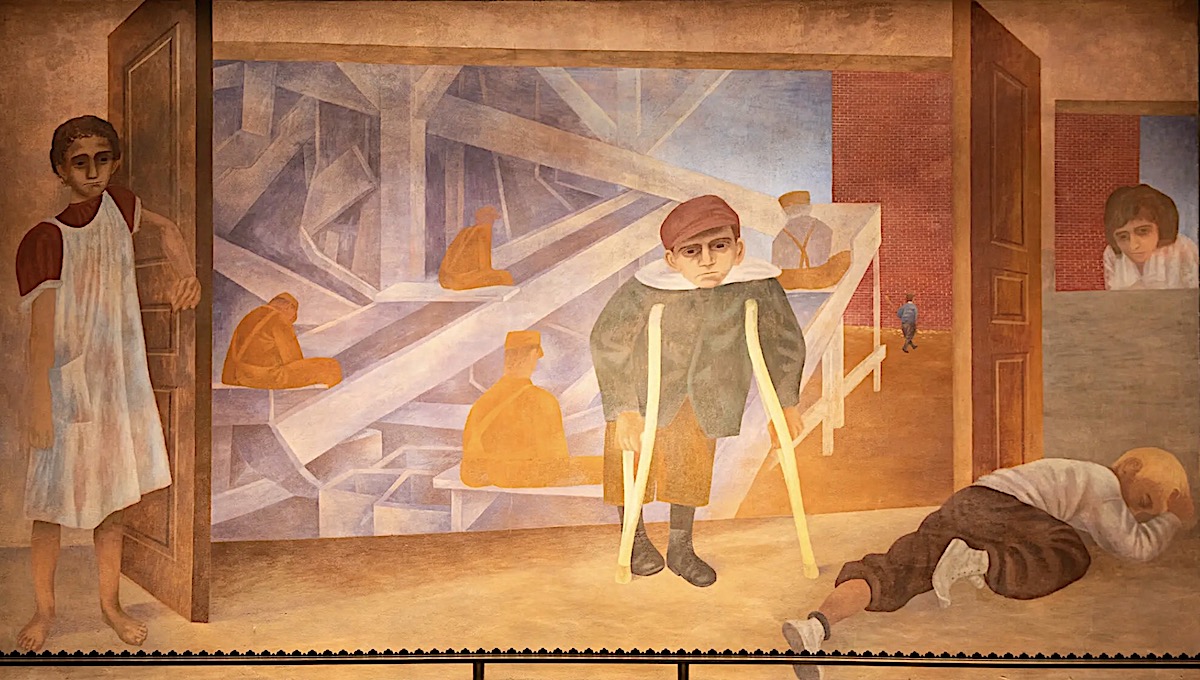In this panel from “The Meaning of Social Security,” Shahn illustrated the problems of child labor: a girl working in a mill, boys in a mine, a boy with labor injuries, a homeless child sleeping in the street.Credit...Estate of Ben Shahn/Licensed by VAGA at Artists Rights Society (ARS), NY; via U.S. General Services Administration