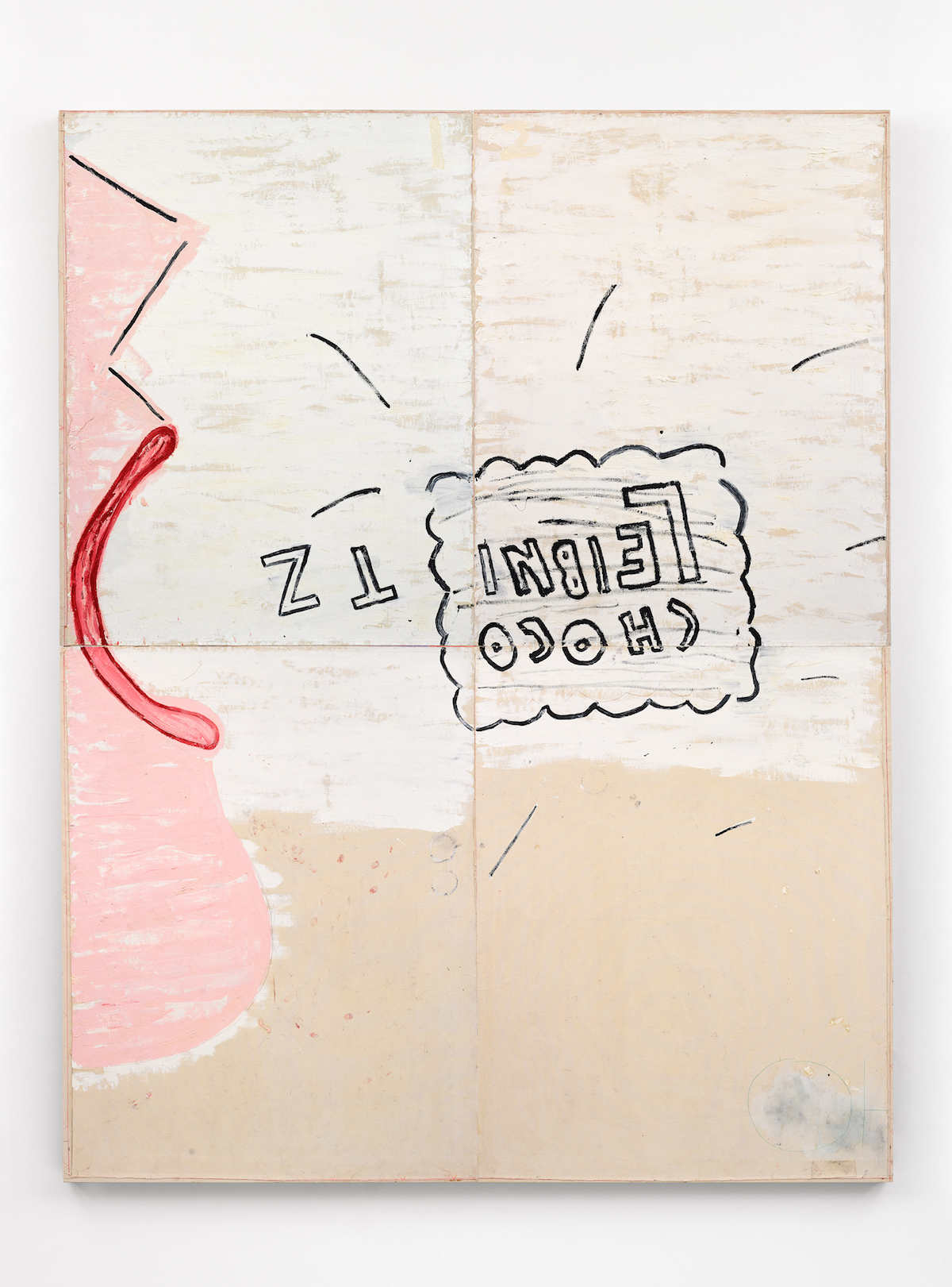 Rose Wylie: Choco-Leibnitz (Self-Portrait), 2006 – graphite, coloured pencil and collage on paper, 30 x 21 cm, Courtesy the artist and David Zwirner, Photograph courtesy Jari Lager, Photo: Soon-Hak Kwon and Choco Leibnitz, 2006 - Oil on canvas, 366 × 285 cm, Tate: Lent from a private collection 2023 © Rose Wylie. Courtesy the artist and David Zwirner. Photo: Jack Hems