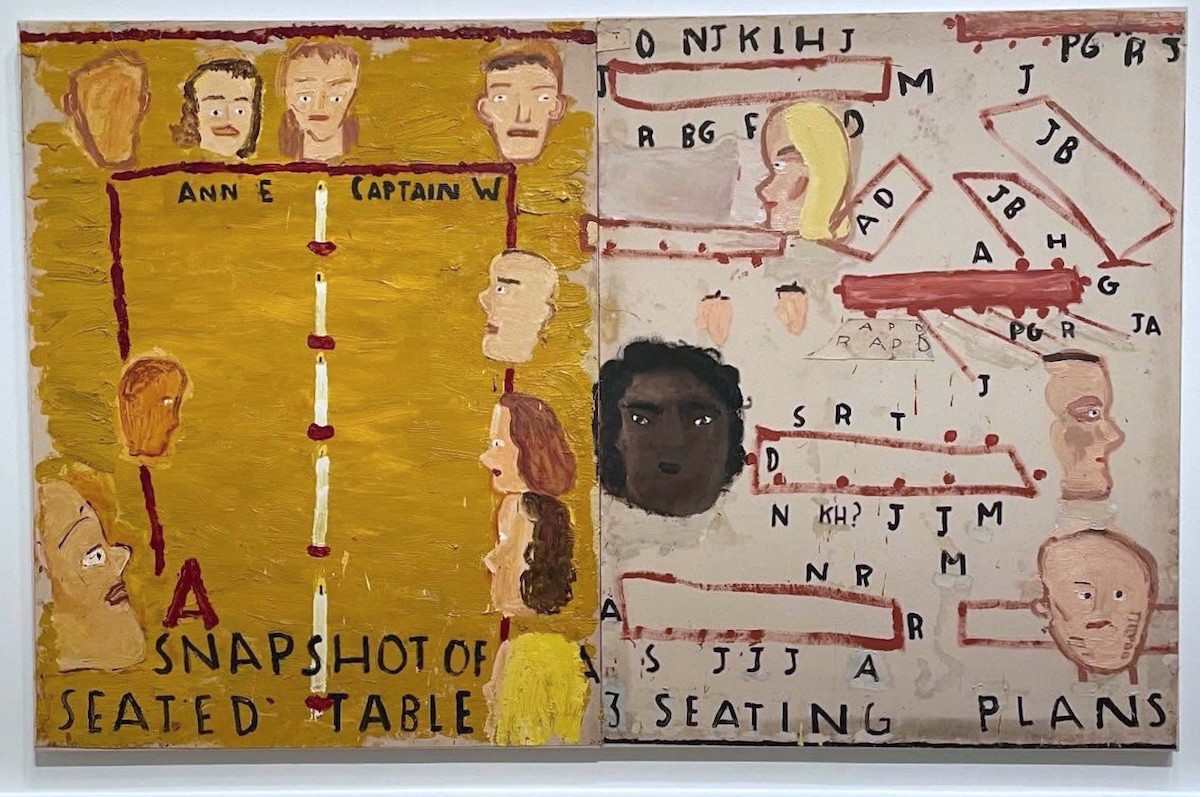 Rose Wylie: 3 Seating Plans and Seated Table, 2025 – Oil on canvas, 182 x 290 cm, photograph Paul Carey-Kent, courtesy the artist and David Zwirner 