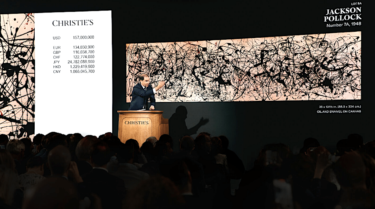 “Number 7A, 1948,” by Jackson Pollock, one of the treasures of S.I. Newhouse’s collection at Christie’s on Monday night, sold for $181.2 million with fees.Credit...