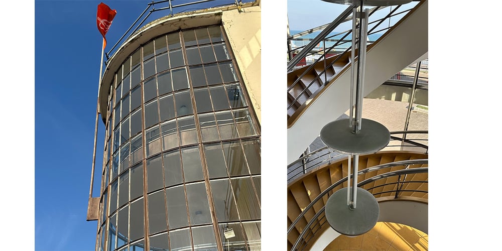 De La Warr Pavilion Exterior shot showing windows and internal staircase with Modernist lighting