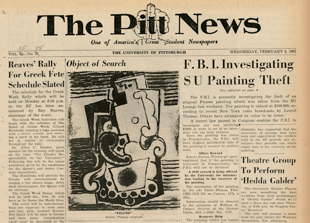 Picasso painting loaned by the Guggenheim to the University of Pittsburgh on the front page of the student newspaper in February 8, 1961. (image courtesy University of Pittsburgh)