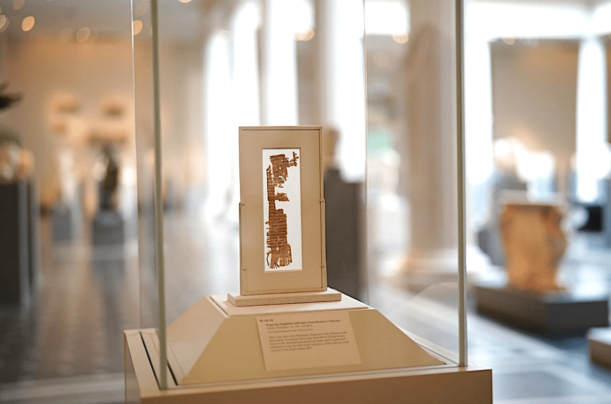 A papyrus fragment of Homer’s Odyssey on view at The Metropolitan Museum of Art (photo Rebecca Schear, all courtesy The Met