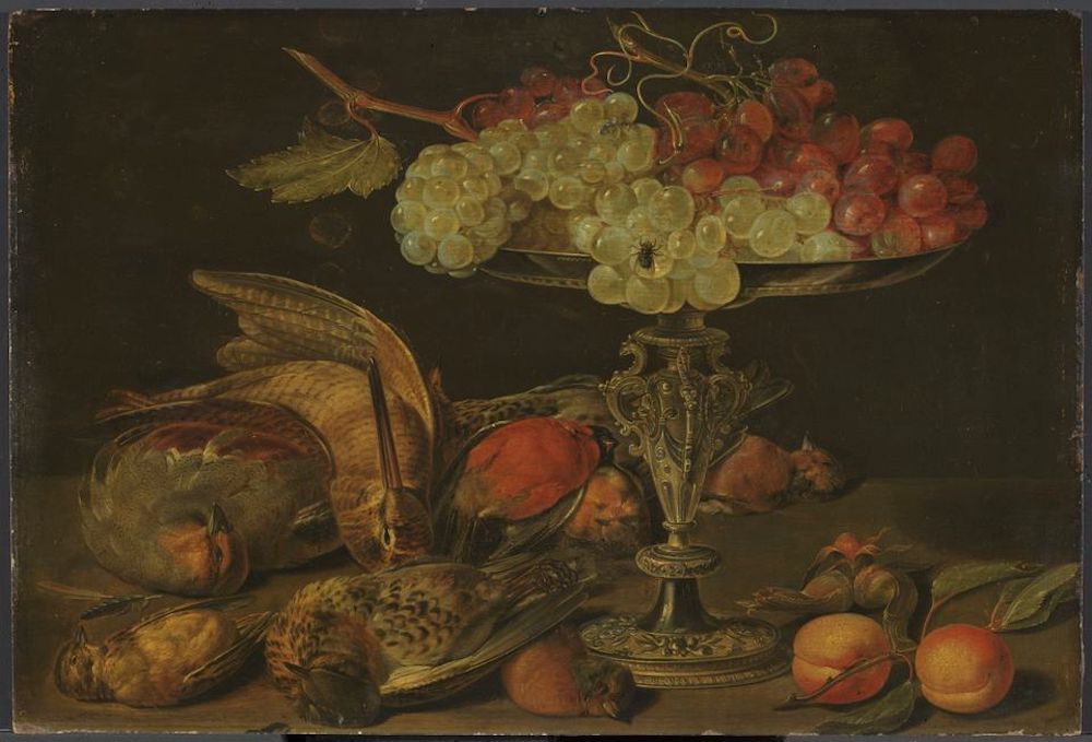 Clara Peeters, "Still Life with Small Game and Grapes on a Gilded Tazza", c. 1620