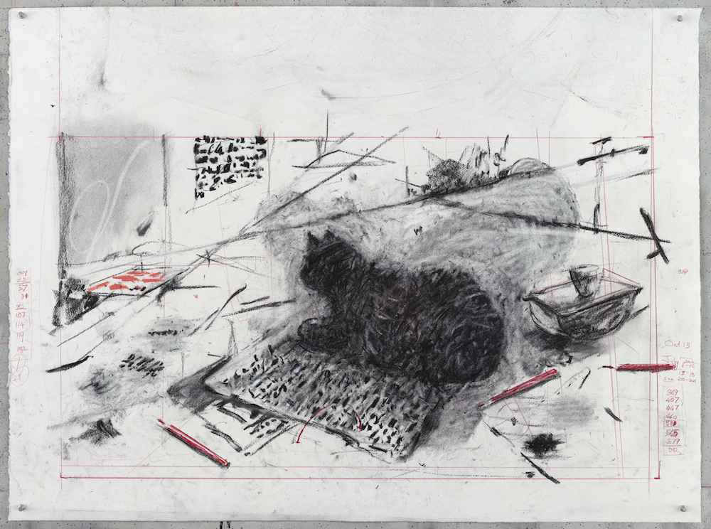 William Kentridge, Drawing for A Nicely Built City (Cat on Newspaper), 2026. Courtesy of the artist and Goodman Gallery. Photograph by Anthea Pokroy.